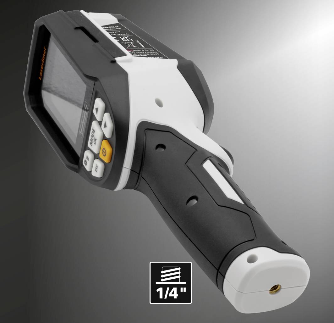 Een infrarood-thermometer met display en bedieningsknoppen. Tekst onder het apparaat: '1/4"'.