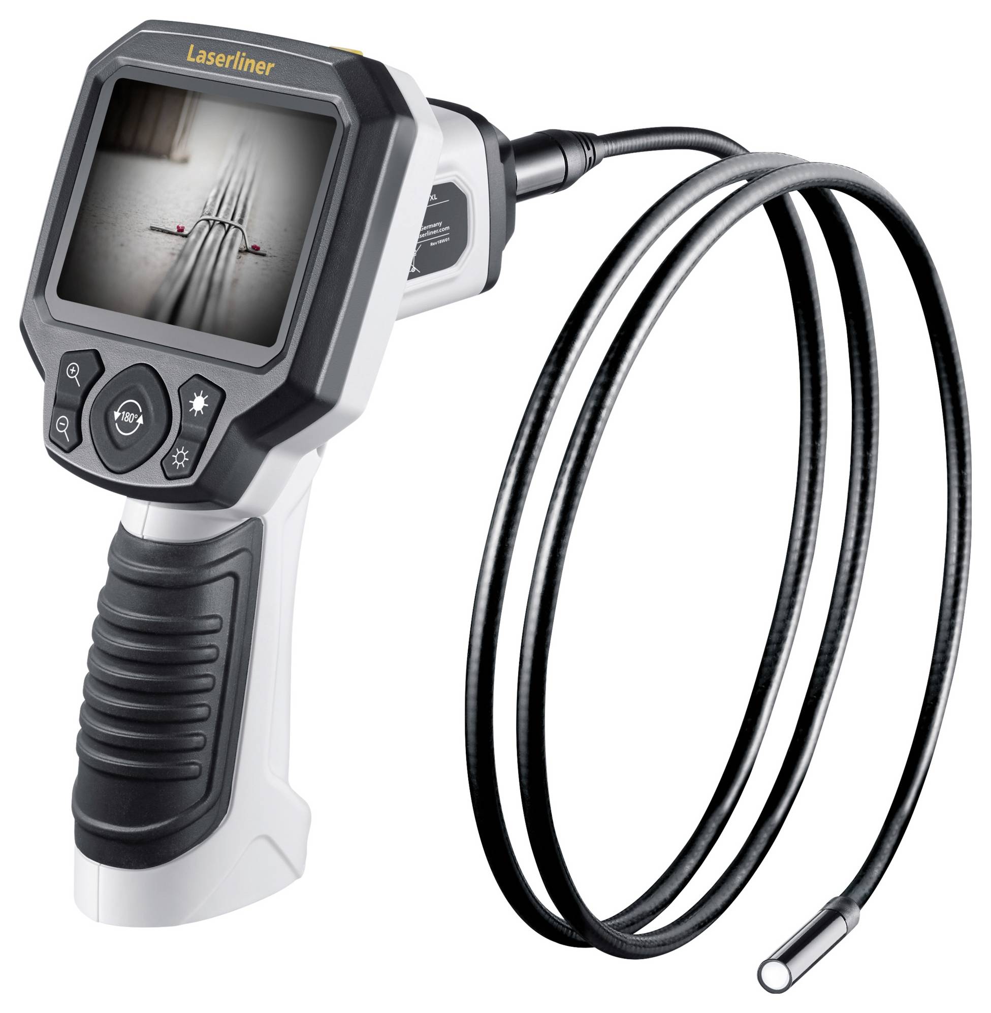 Endoscopische camera met flexibele sonde en scherm voor inspectie van moeilijk bereikbare plaatsen. Display toont binnenaanzicht van een buis.