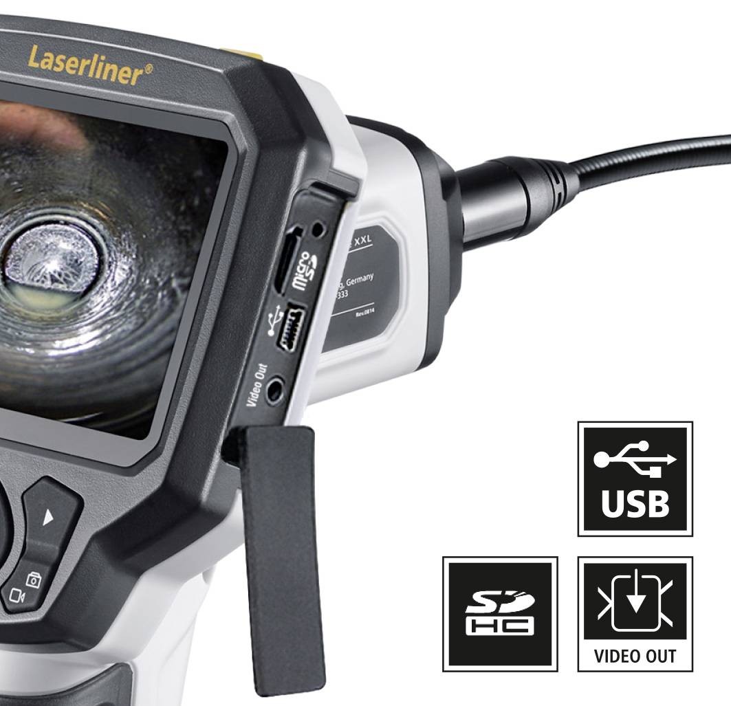Een endoscopisch apparaat met een flexibele camera toont een vergrote weergave van een buis. Bedieningselementen en aansluitingen: USB, SD-kaart, video-uitgang.