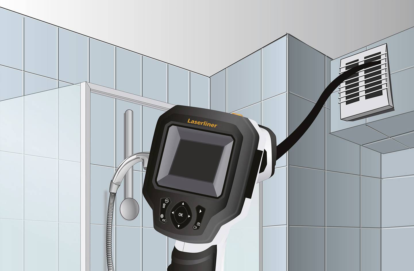 Een endoscoop wordt in een badkamer gebruikt om een ventilatieschacht te inspecteren. Het toont een kabelaansluiting op het apparaat.