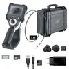 Endoscoop-set met scherm en 1 m lang inspectiekabel. Bevat koffer, USB-C-oplaadkabel, oplader en geheugenkaartadapter.