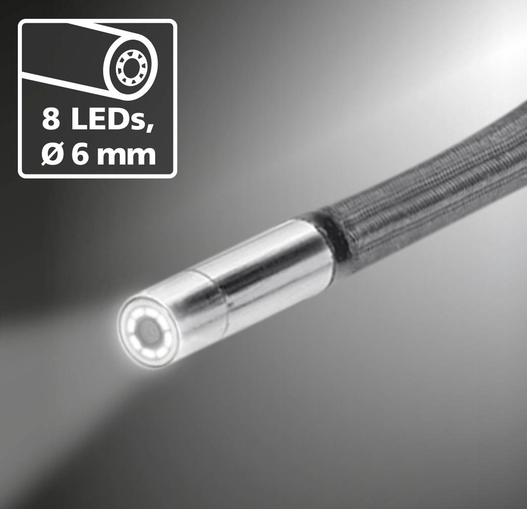 Endoscoop-camera met flexibele slang, uitgerust met 8 LED's en 6 mm diameter. Ideaal voor moeilijk bereikbare plaatsen.