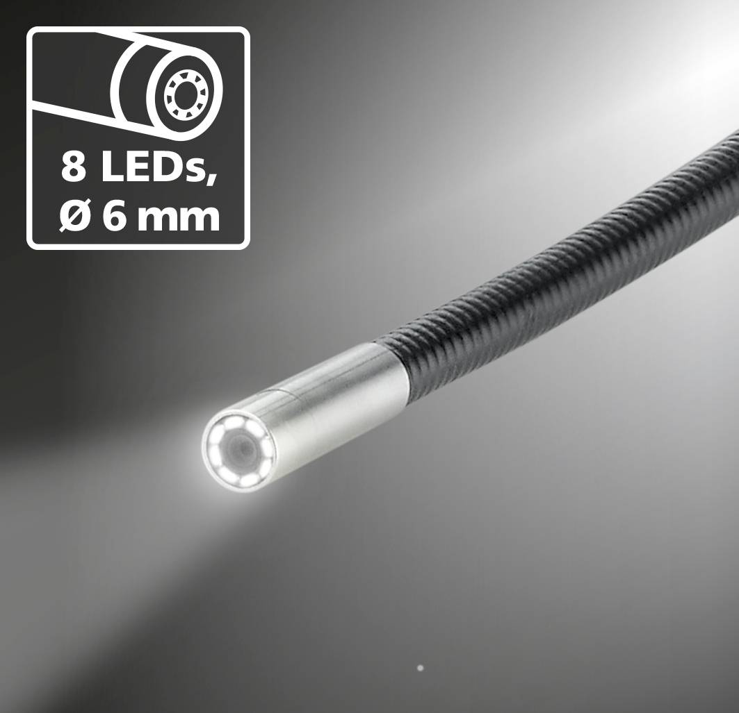 Flexibele camera, 6 mm diameter, met 8 LED's aan de punt. Geschikt voor moeilijk bereikbare gebieden.