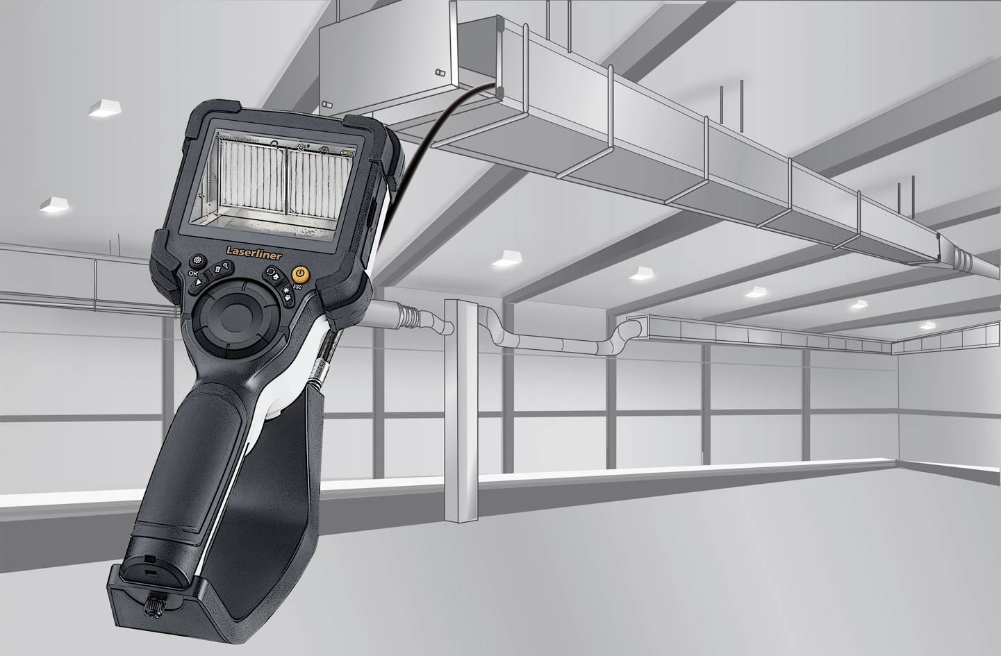 Een endoscopisch inspectieapparaat onderzoekt ventilatiekanalen in een industriële omgeving om mogelijke problemen te identificeren.