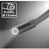 Close-up van een endoscoop-camera met een flexibele kabel, 8 LED's en een diameter van 7,9 mm, voor een grijze achtergrond.