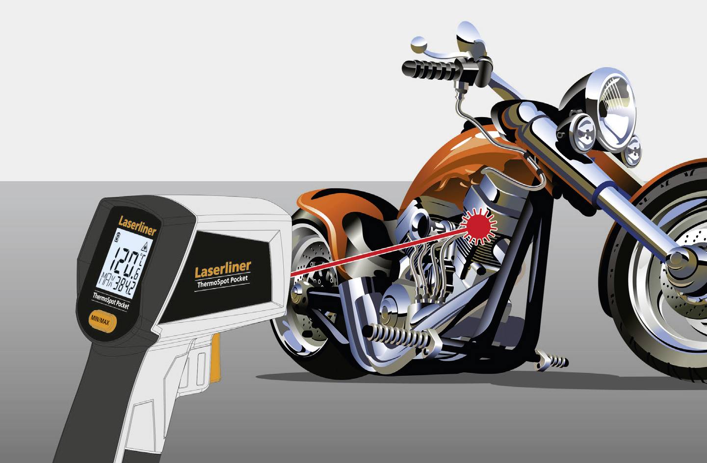 Een persoon meet de temperatuur van een oranje motorfiets met een contactloos thermometer. Een rode laserpunt wijst de meetlocatie aan.