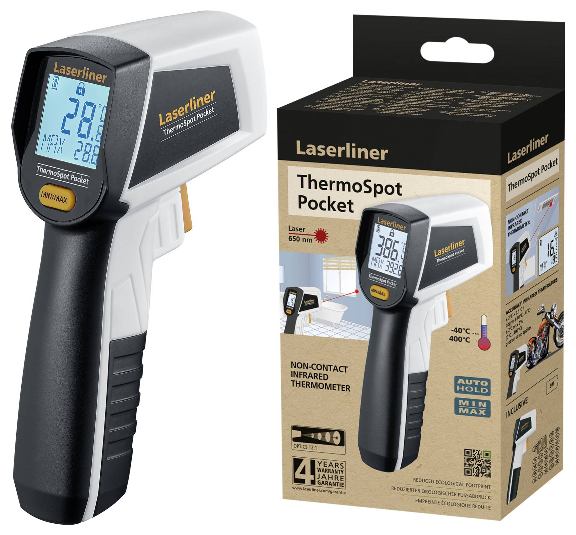Laserinfraroodthermometer naast verpakking met productdetails. Apparaat meet oppervlaktetemperaturen contactloos van -40°C tot 600°C.
