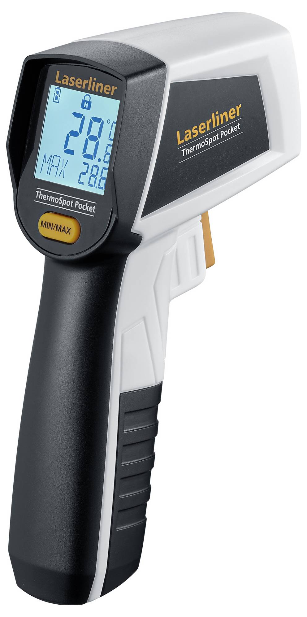 Contactloos infrarood-thermometer van het merk Laserliner, toont temperatuur van 29,1 graden Celsius en slaat maximale en minimale waarden op.