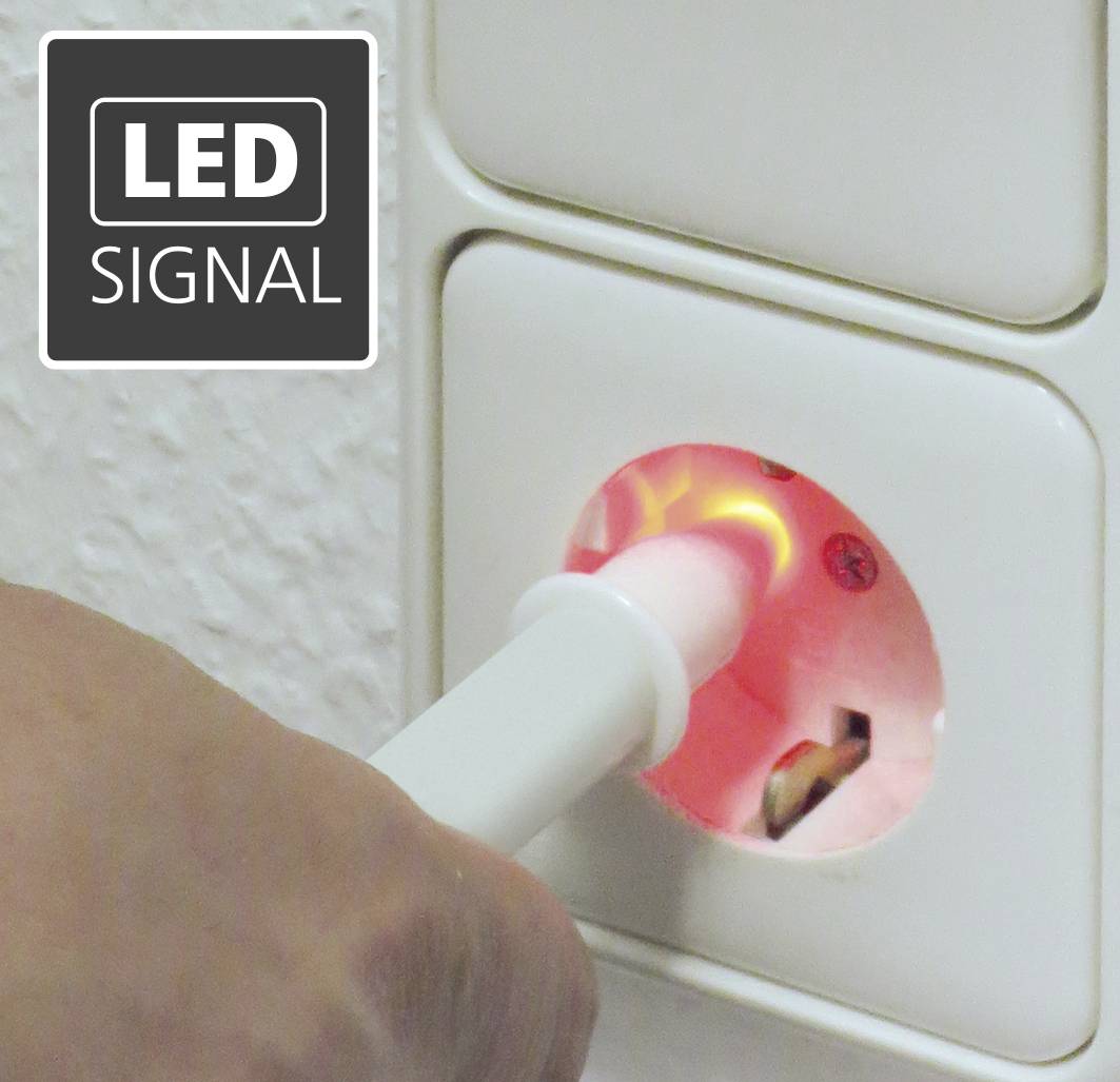 Een elektrische wandcontactdoos met een lichteffect dat aangeeft dat de stekker correct is aangesloten. Naast een symbool met 'LED SIGNAAL'.