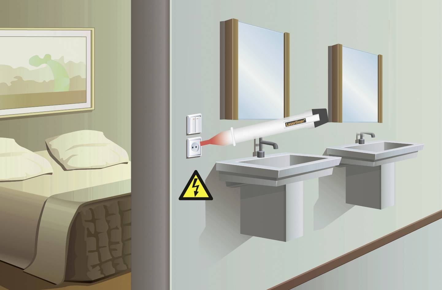 Een spanningszoeker toont de elektrische spanning bij een stopcontact in de badkamer, met een waarschuwingssymbool voor elektrisch gevaar op de muur.