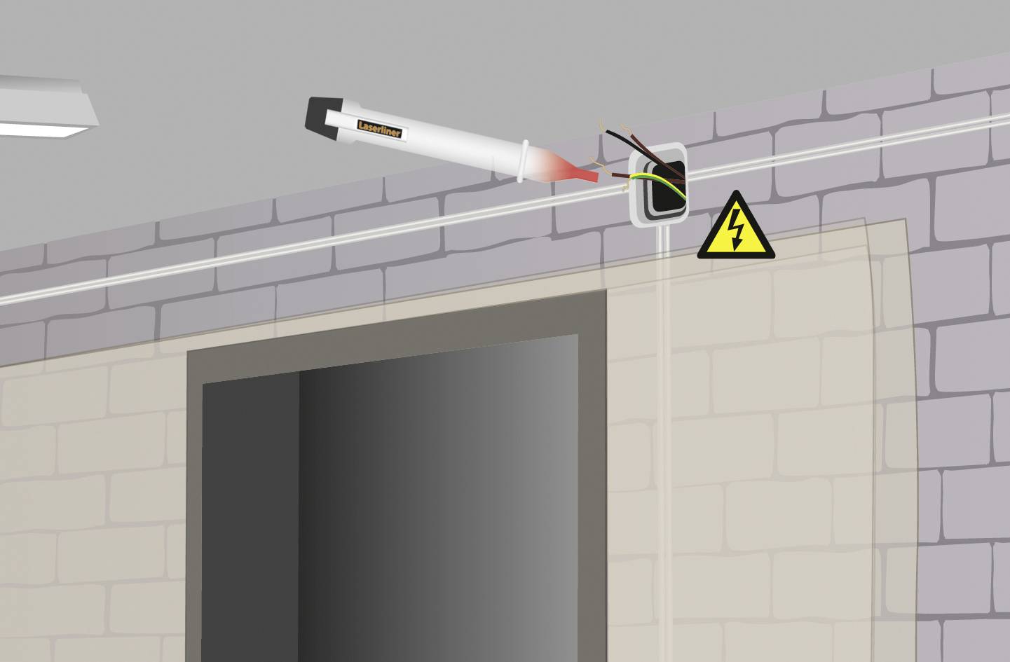 Een schroevendraaier test de spanning bij een open kabelverbinding nabij een deur, naast een waarschuwingsbord voor elektrische spanning.