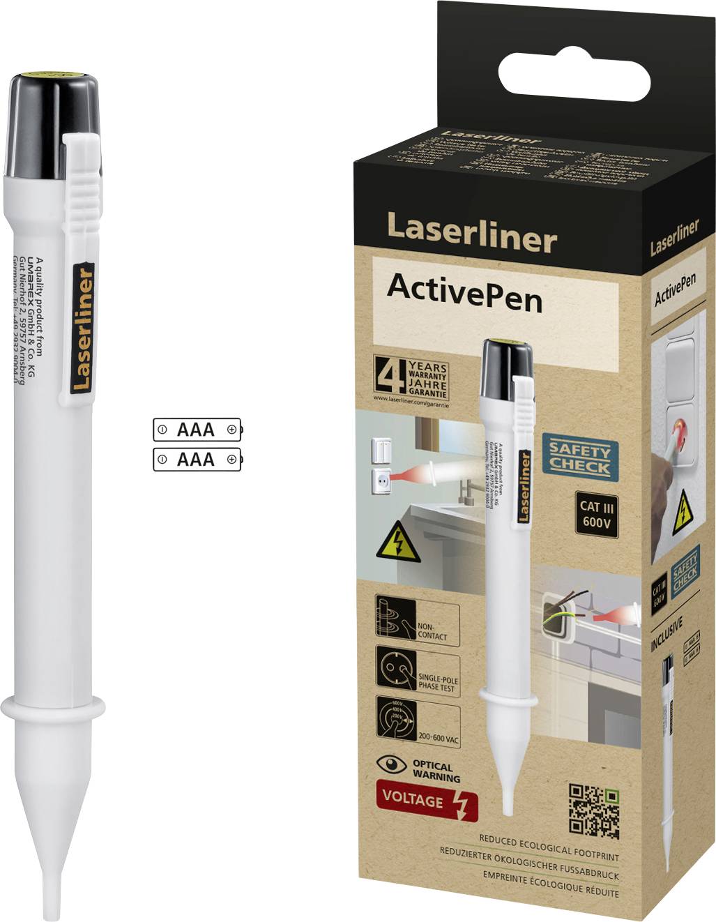 Verpakking van een laserpen voor spanningsdetectie, "Laserliner ActivePen", met veiligheidsinspecties en AAA-batterijen vereist.