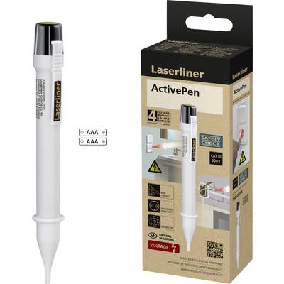 Verpakking van een laserpen voor spanningsdetectie, "Laserliner ActivePen", met veiligheidsinspecties en AAA-batterijen vereist.