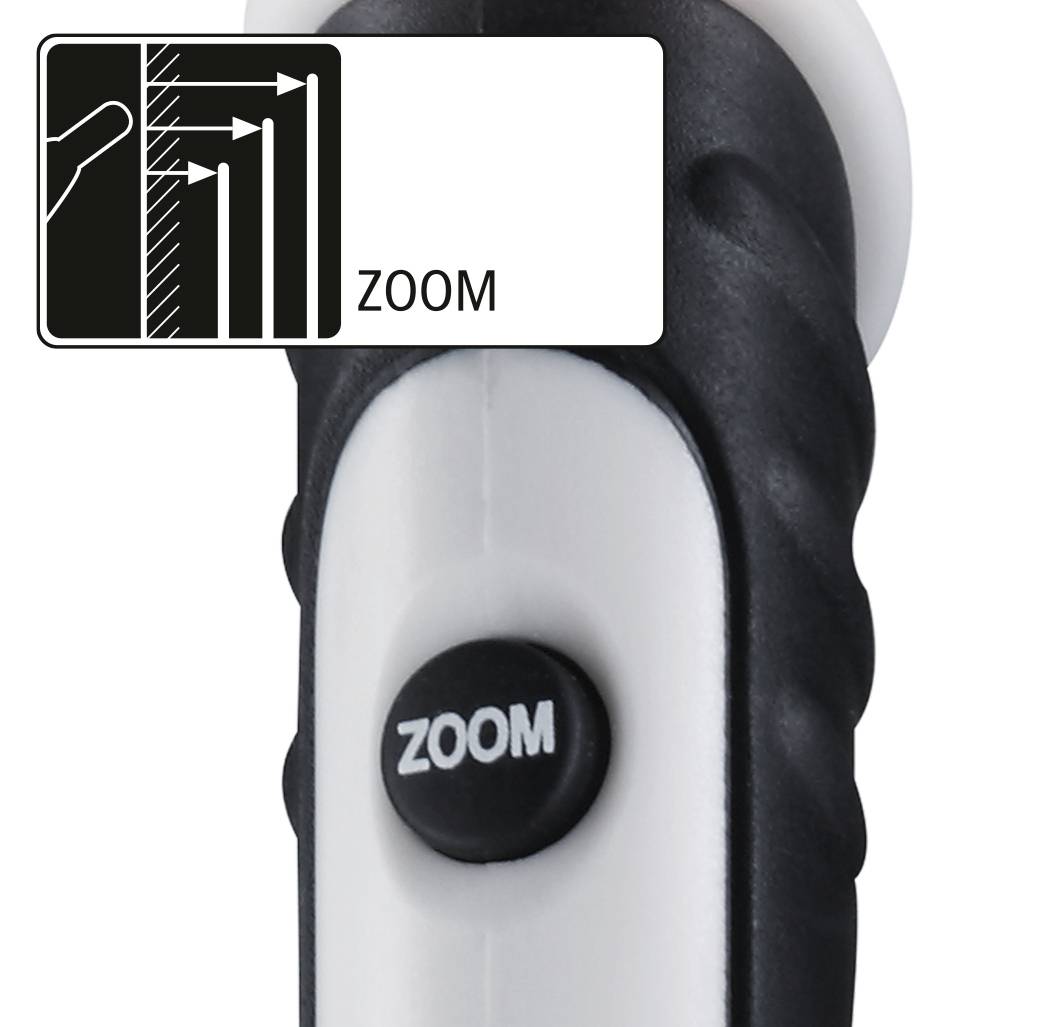 Een zoomknop op een apparaat met een schuifregelaar die 'ZOOM' weergeeft. Een diagram toont het zoomproces met pijlen omhoog en omlaag.