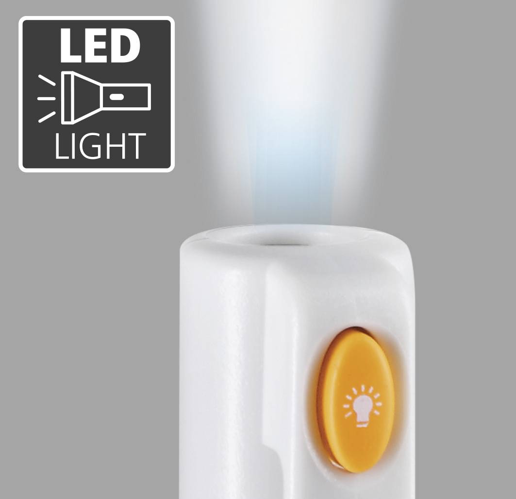 Een LED-licht met een oranje schakelaar en een lichtblauwe indicatielamp, omgeven door een grijze achtergrond.