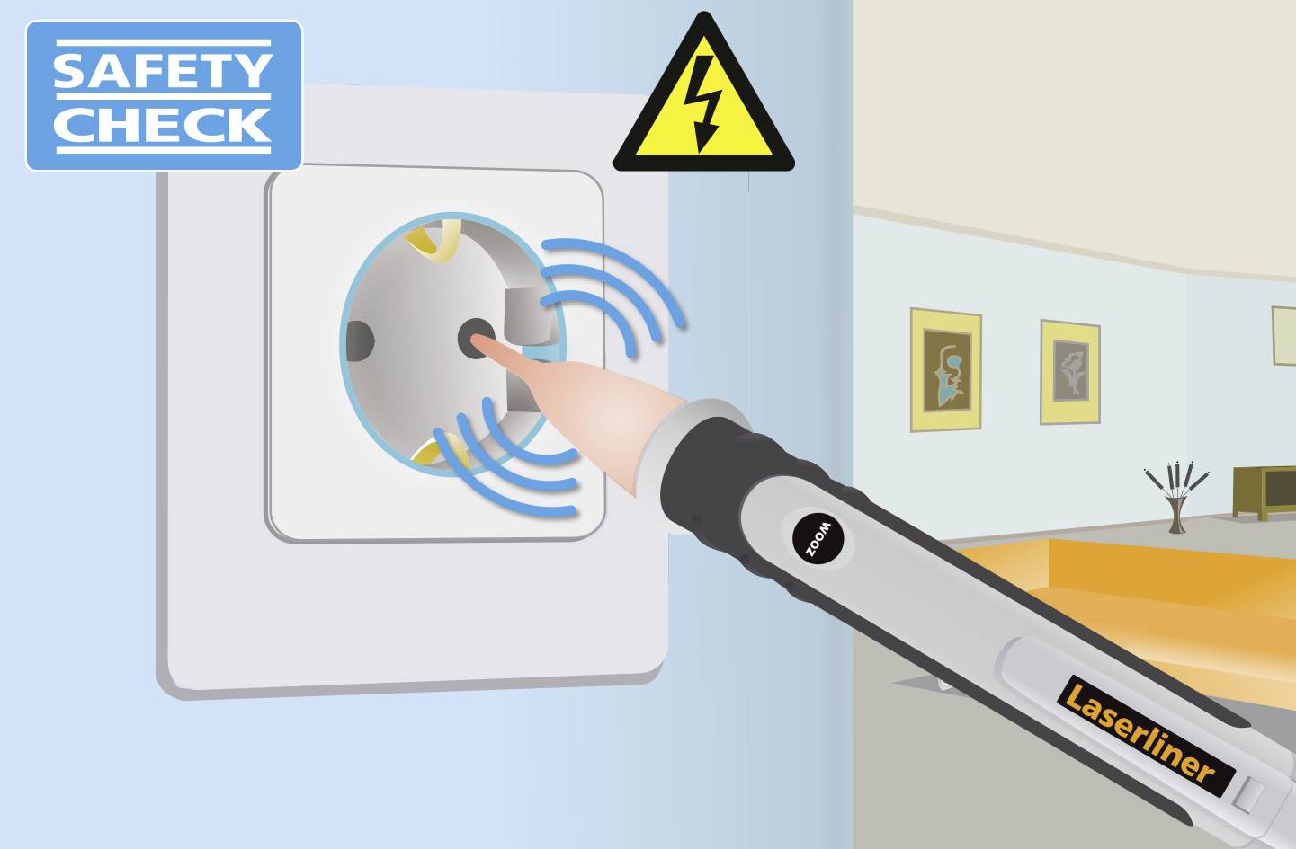 Een testapparaat controleert een stopcontact op elektriciteit, herkenbaar aan waarschuwingssignalen en een 'Safety Check'-symbool op de achtergrond.