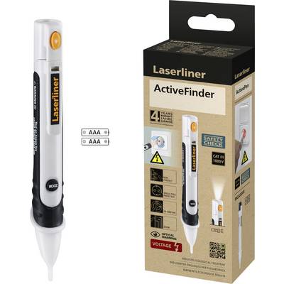 'Laserliner ActiveFinder': contactloze spanningsdetector, detecteert spanningen tot 1000V. Verpakking toont product en technische details. Batterijen inbegrepen.
