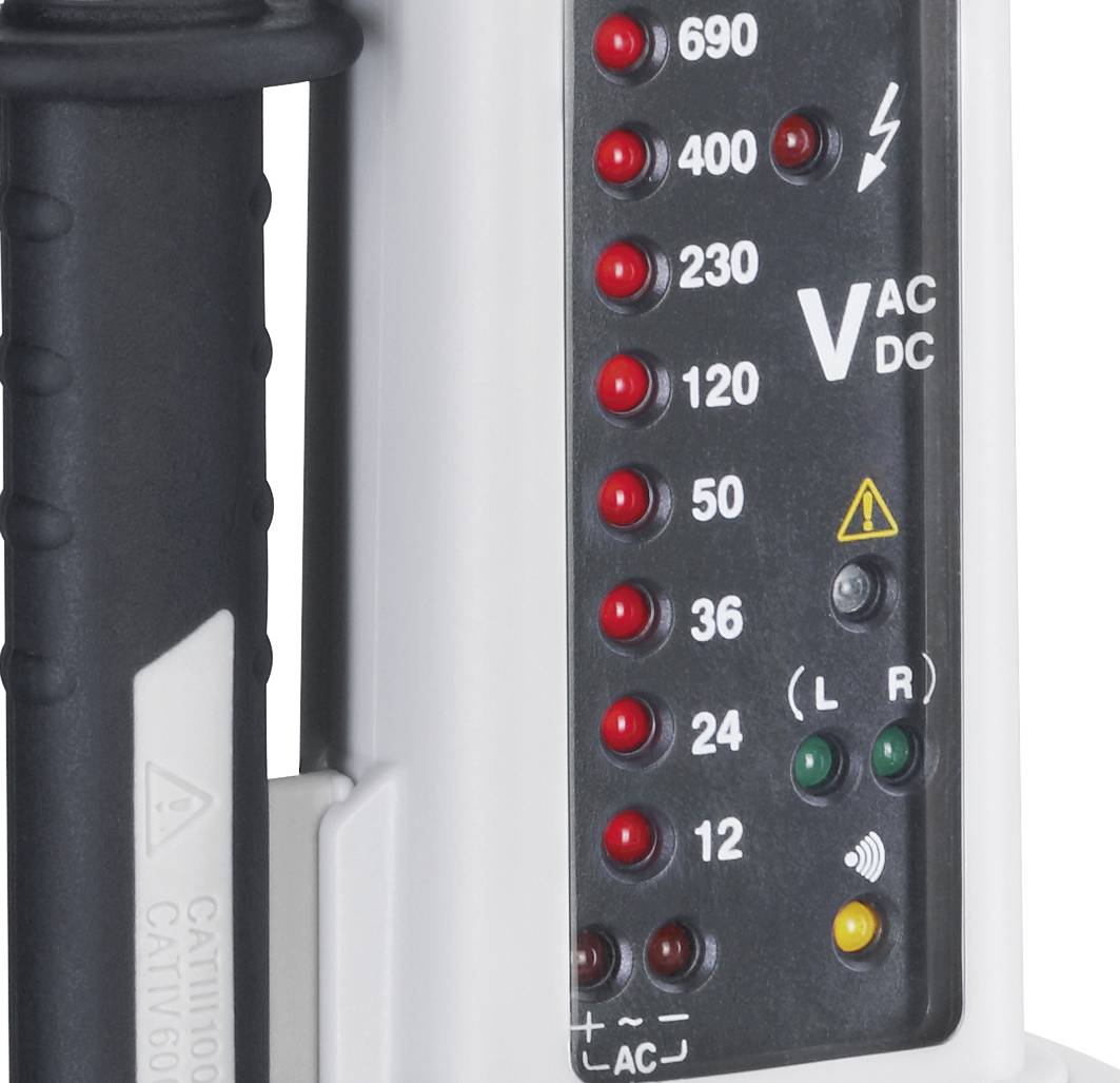 Spanningzoeker met LED-indicatie voor verschillende spanningsniveaus van 12V tot 690V, geleverd in een handzame behuizing met handgreep.