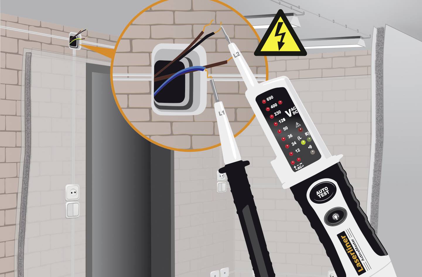 Een spanningszoeker meet de elektrische spanning in een stopcontact. Een waarschuwingsbord geeft hoogspanning aan.