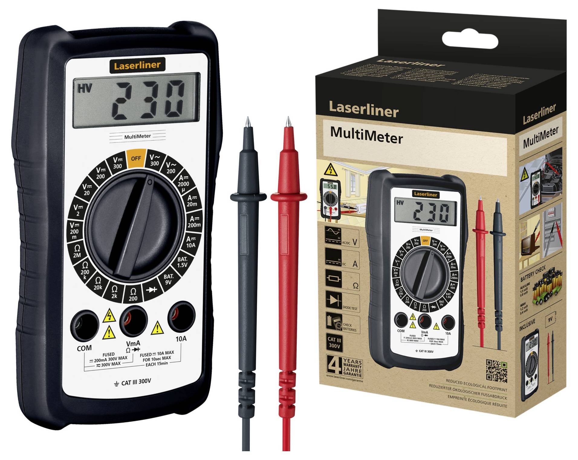 Digitale multimeter met display, twee meetsondes en verpakking. Display toont '230'. Verpakking laat productdetails en kenmerken zien.