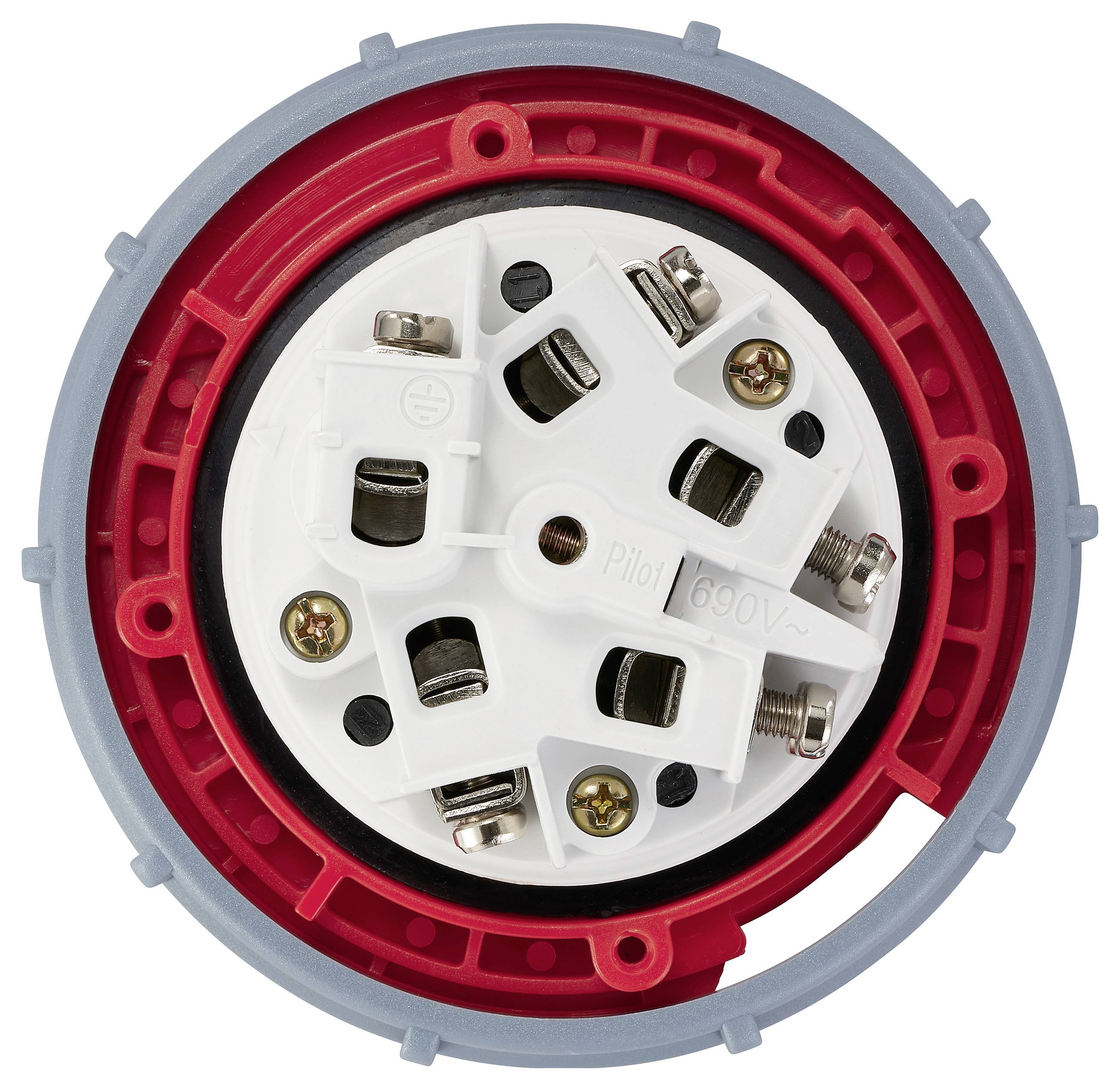 Ronde stopcontact met rode rand, witte aansluitingen en metalen schroeven, geschikt voor 690V.