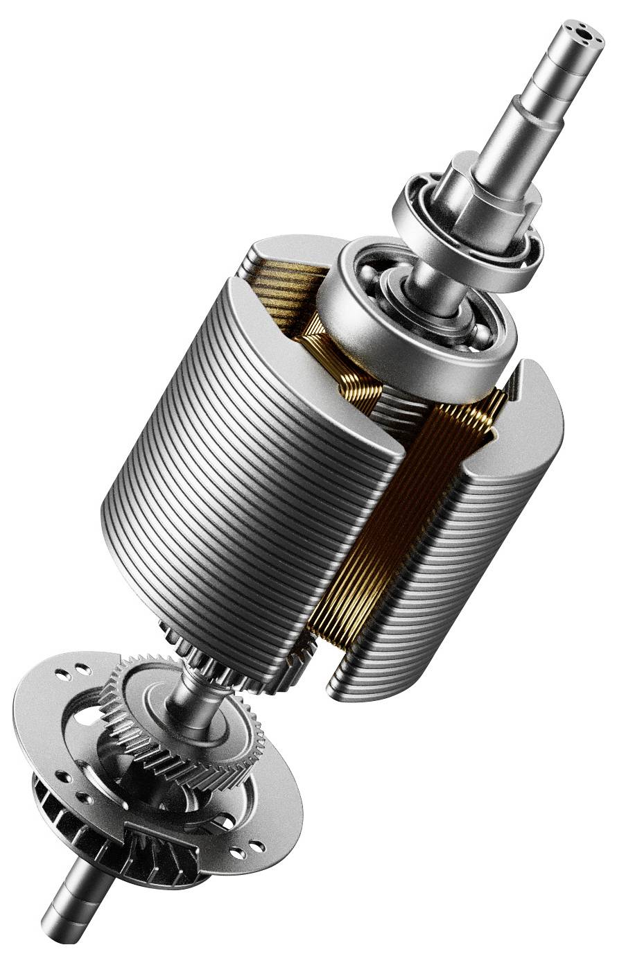 Een gedetailleerd zicht op de rotor van een elektromotor met zichtbare koperen spoelen die om een centrale stator zijn gewikkeld.