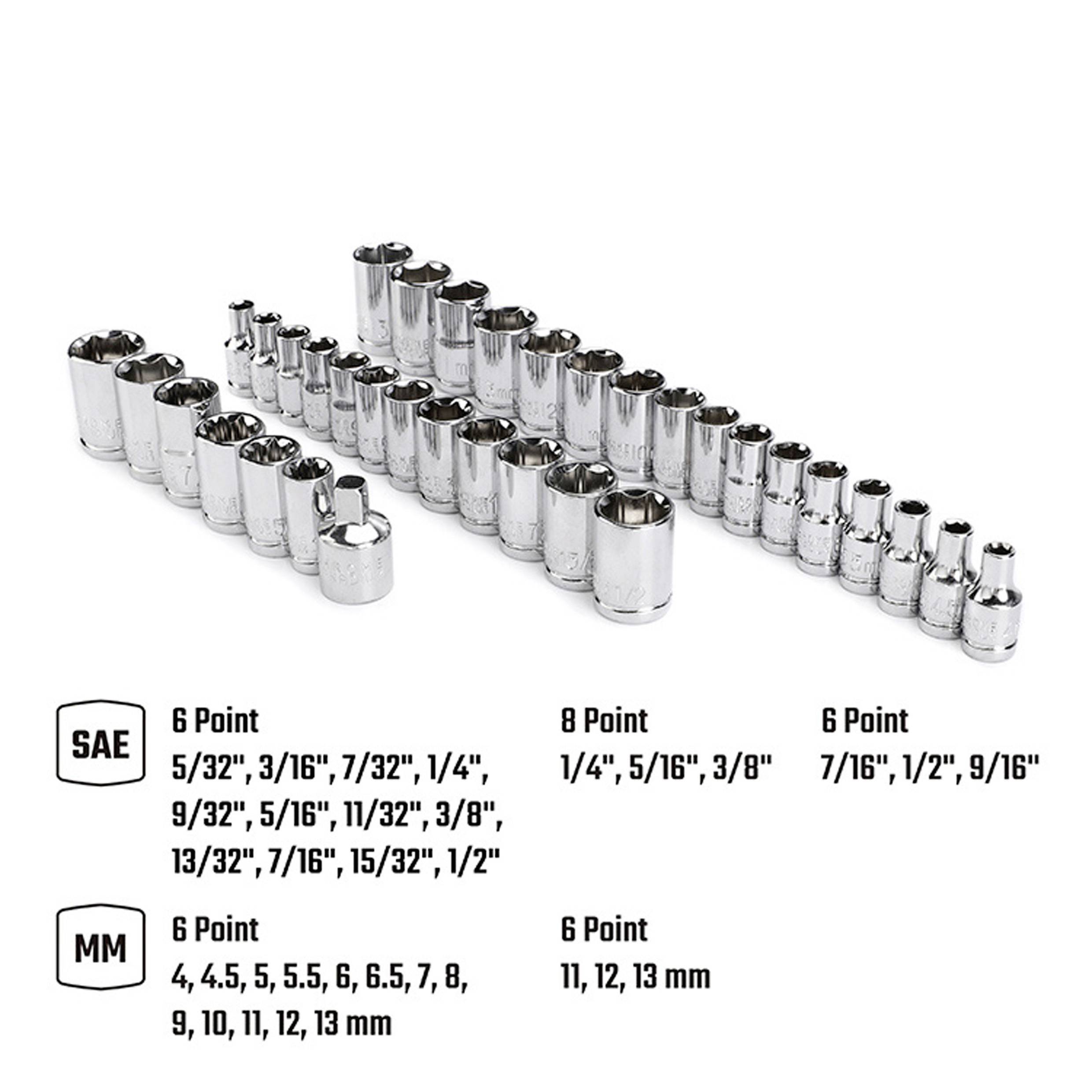Een set metalen dopsleutels in twee rijen, voorzien van labels met afmetingen uit SAE en MM categorieën, variërend van 5/32" tot 13 mm.