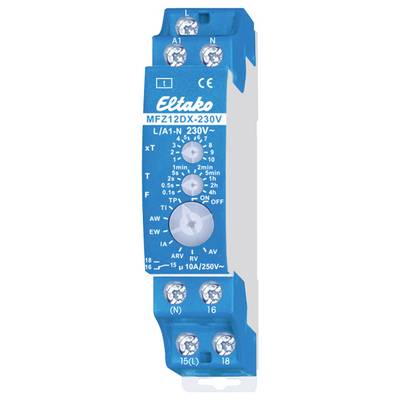 'Blauwe Eltako MFZ12DX-230V multifunctioneel tijdrelais met draaiknoppen en aansluitingen voor elektrische bedrading.'