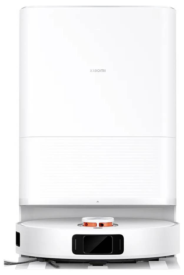 Een ronde, witte robotstofzuiger met laadstation. De robot beschikt over sensoren en wielen voor autonome navigatie en reiniging.