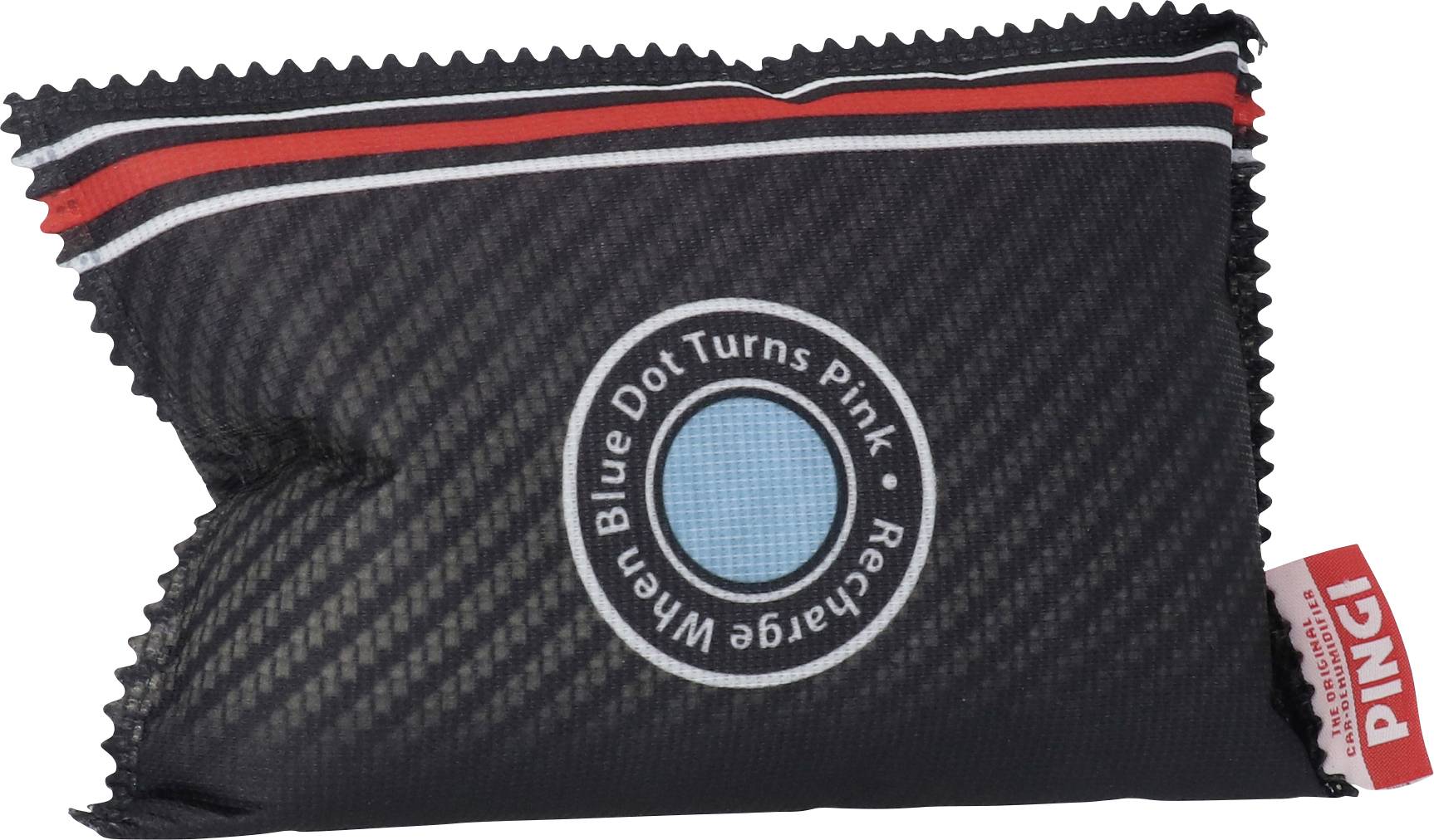 Een rechthoekig, meerkleurig zakje met de tekst 'When Blue Dot Turns Pink Recharge'. Merknaam 'PINGI' op een etiket.