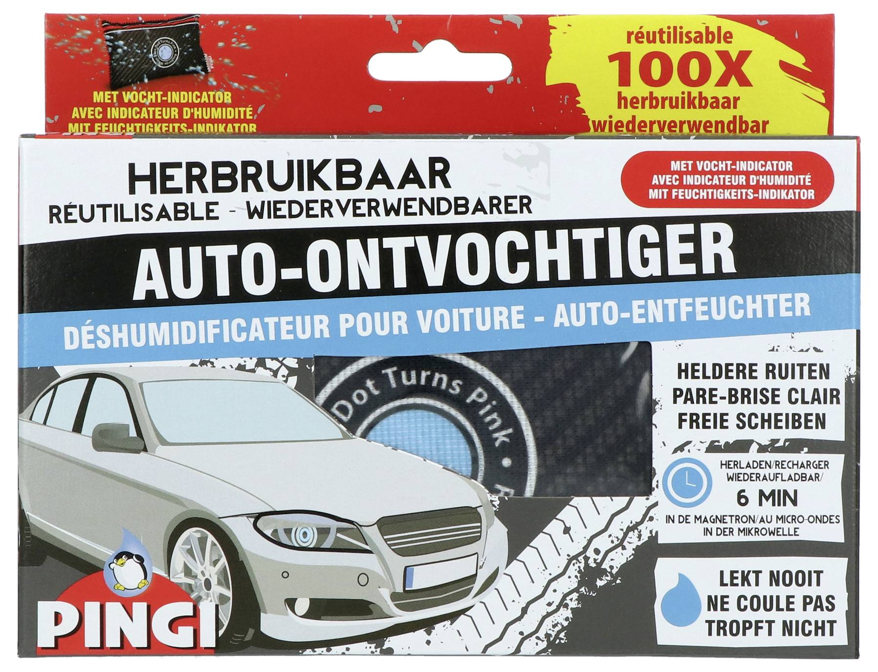 Auto-ontvochtiger verpakking met grafiek van een auto. Tekst informeert over herbruikbaarheid en vochtindicator. Merknaam 'PINGI'.