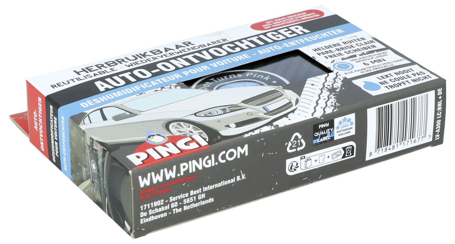 'PINGI' Auto-ontvochtiger verpakking met afbeeldingen van een auto en productkenmerken zoals duurzaam en meermaals herbruikbaar.