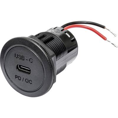 USB-C-oplaadpoort met twee aansluitdraden, rood en zwart. Gemarkeerd met 'USB-C' en 'PD/QC'. Standaard verbindingsmodule voor elektronische apparaten.