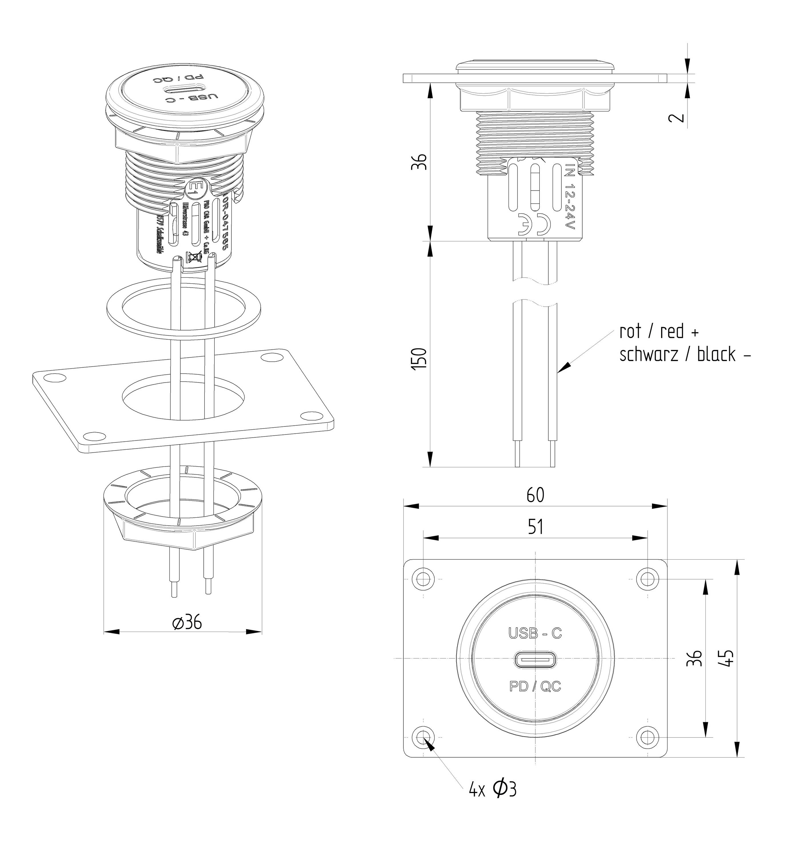 Technische tekening van een USB-C-aansluiting met afmetingen. Zijaanzicht toont hoogte van 150 mm, vooraanzicht met diameter van 36 mm. Bijschriften voor kabels: 'rood / red +' en 'zwart / black -'.