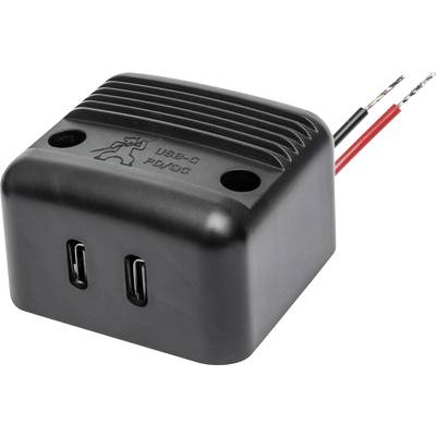 Zwart USB-C PD/QC-oplaadapparaat met twee poorten en rode en zwarte aansluitkabels, geschikt voor inbouw in elektronische apparaten.