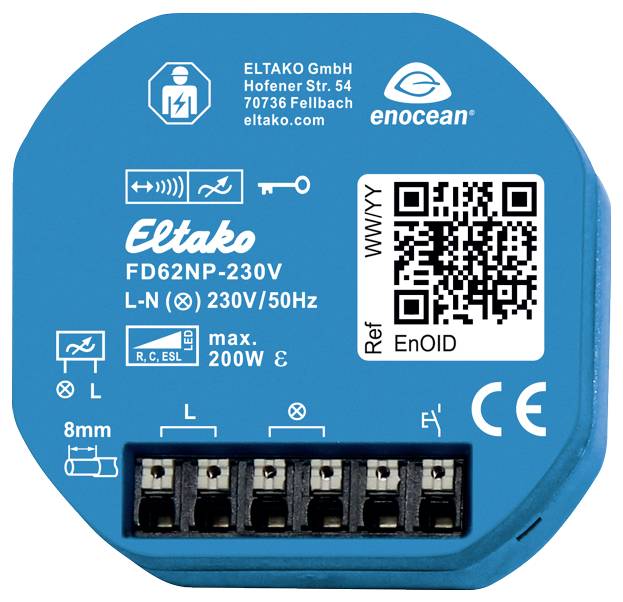 Eltako FD62NP-230V Funkactor, blauw, aansluitklemmen onderaan, QR-code rechtsboven. Tekst: 'ELTAKO GmbH, Hofener Str. 54, 70736 Fellbach'.