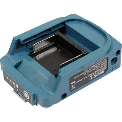 Een blauwe acculader met een batterijvak en een aan-/uitschakelaar. Aan de zijkant bevindt zich een instructiesticker.