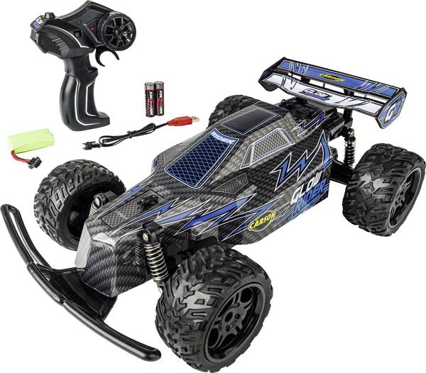 Carson Modellsport Glow Rider Blauw  1:12 RC auto Elektro Buggy  100% RTR 2,4 GHz Incl. accu, oplader en batterijen voor de zender