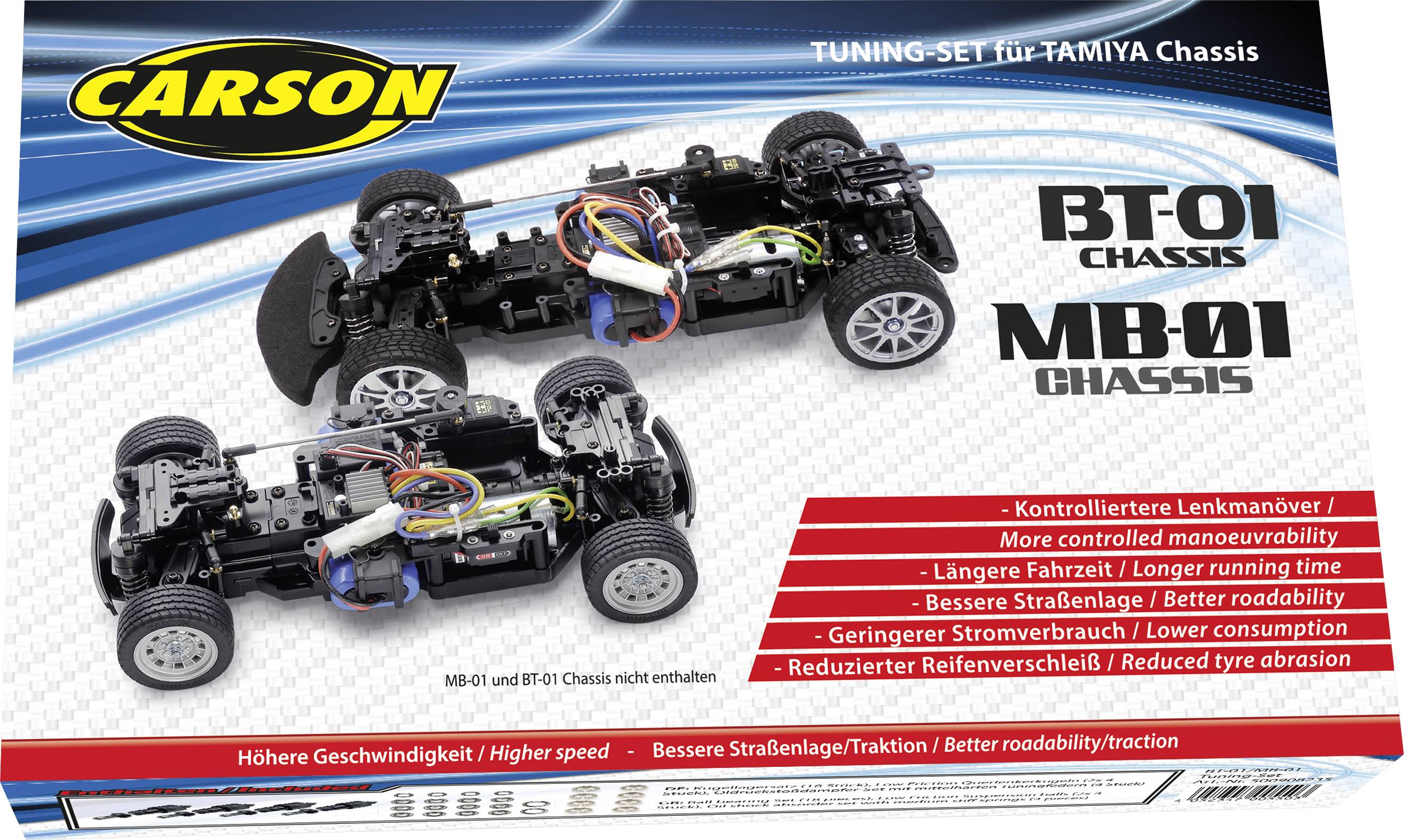 Twee afstandsbediende TAMIYA chassis, BT-01 en MB-01, worden getoond met details over verbeterde manoeuvreerbaarheid en wegligging.