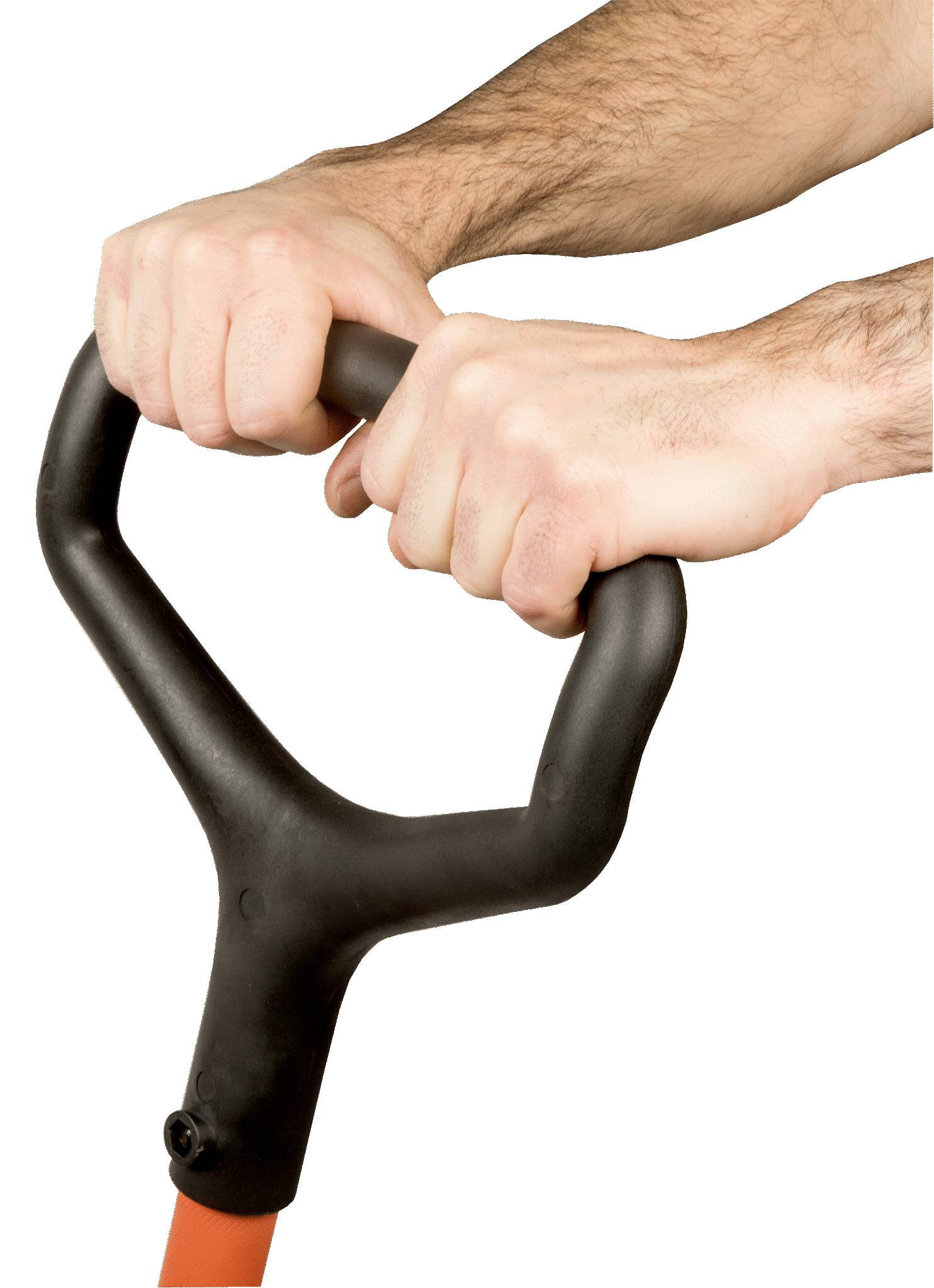 Een persoon houdt de handgreep van een handpomp stevig vast met beide handen.