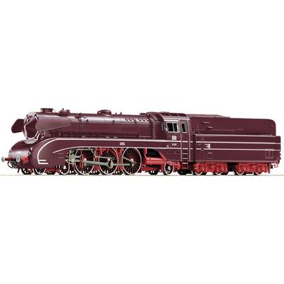 Een donkerrode, gestroomlijnd stoomlocomotief met grote wielen, die stabiliteit en snelheid symboliseert.