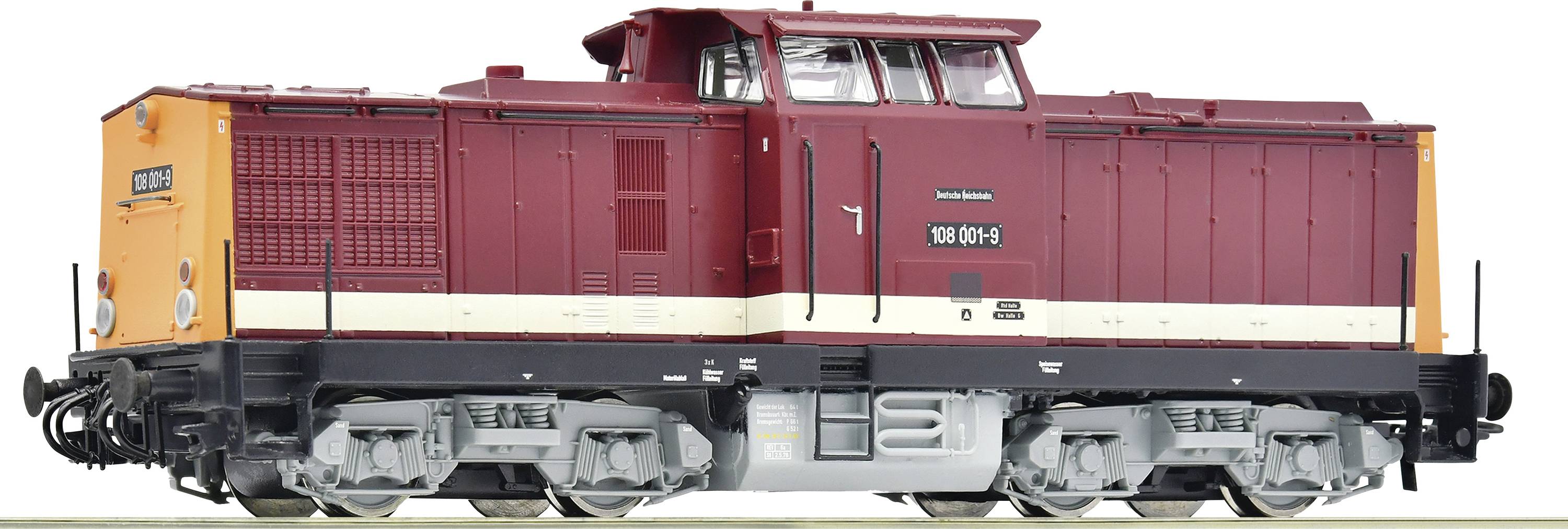 Rode model van een diesellocomotief van de Deutsche Reichsbahn met het nummer 110 001-0, gedetailleerd weergegeven op een witte achtergrond.