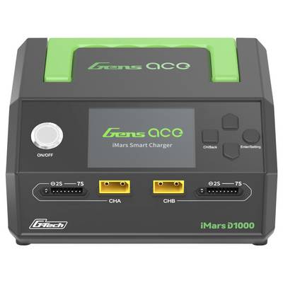 'Gens ACE iMars Smart Charger' met twee laadaansluitingen, display en bedieningsknoppen, geschikt voor 2S tot 7S batterijen.