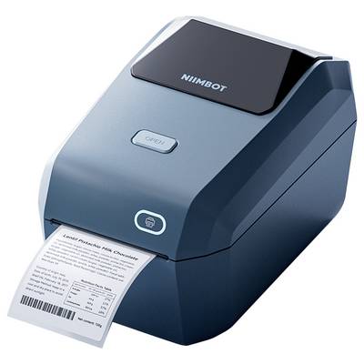 Een blauwe etikettenprinter drukt een etiket met tekst af. Bovenaan staat de opdruk 'NIIMBOT'.