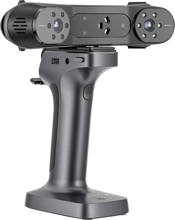 Handheld 3D-scanner met twee camera's en LED-verlichting, gemonteerd op een ergonomische handgreep, voor het vastleggen van driedimensionale oppervlakken.