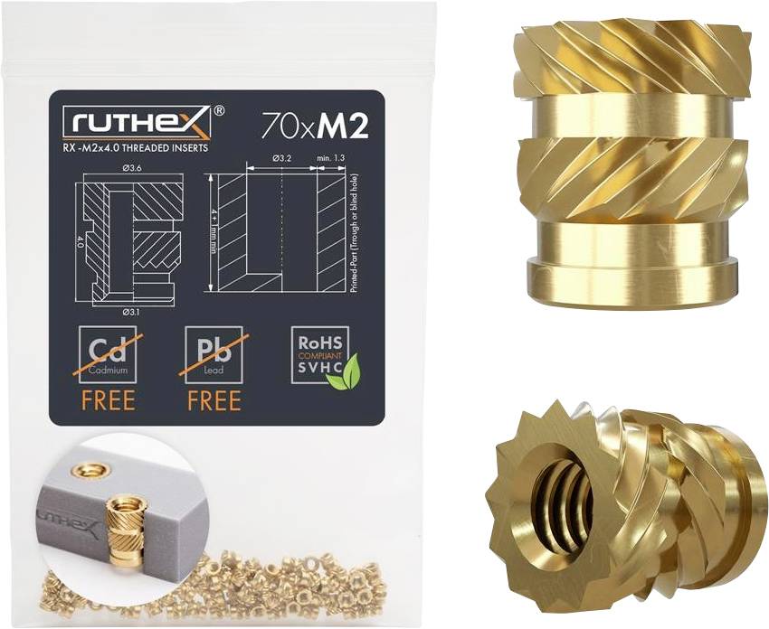 'Ruthex' Schroefdraadinsteekhulzen-set, Model M2, 70 stuks, cadmium- en loodvrij. Productafbeelding en verpakking met technische tekeningen.
