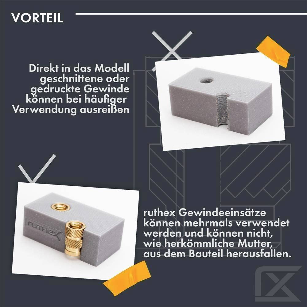 'Voordeel: Direct in het model gesneden schroefdraad scheurt bij veelvuldig gebruik uit, terwijl draadbus-inzetstukken meerdere keren kunnen worden gebruikt.'