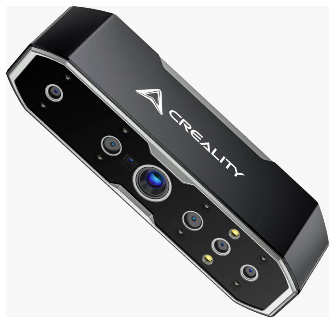 Zwarte 3D-scanner met meerdere lenzen, 'CREALITY' logo bovenaan.