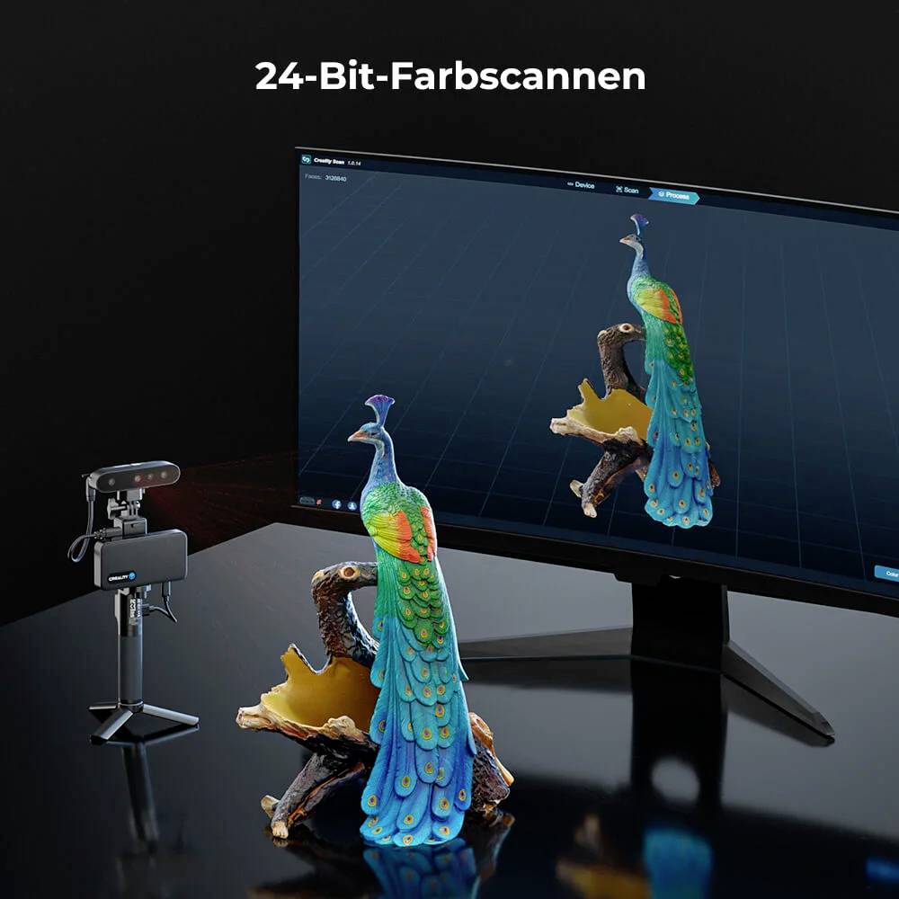 Een monitor toont een 3D-beeld van een pauw uit een 3D-scan. Links staat een scanner. Tekst: '24-Bit-kleurenscanner'.