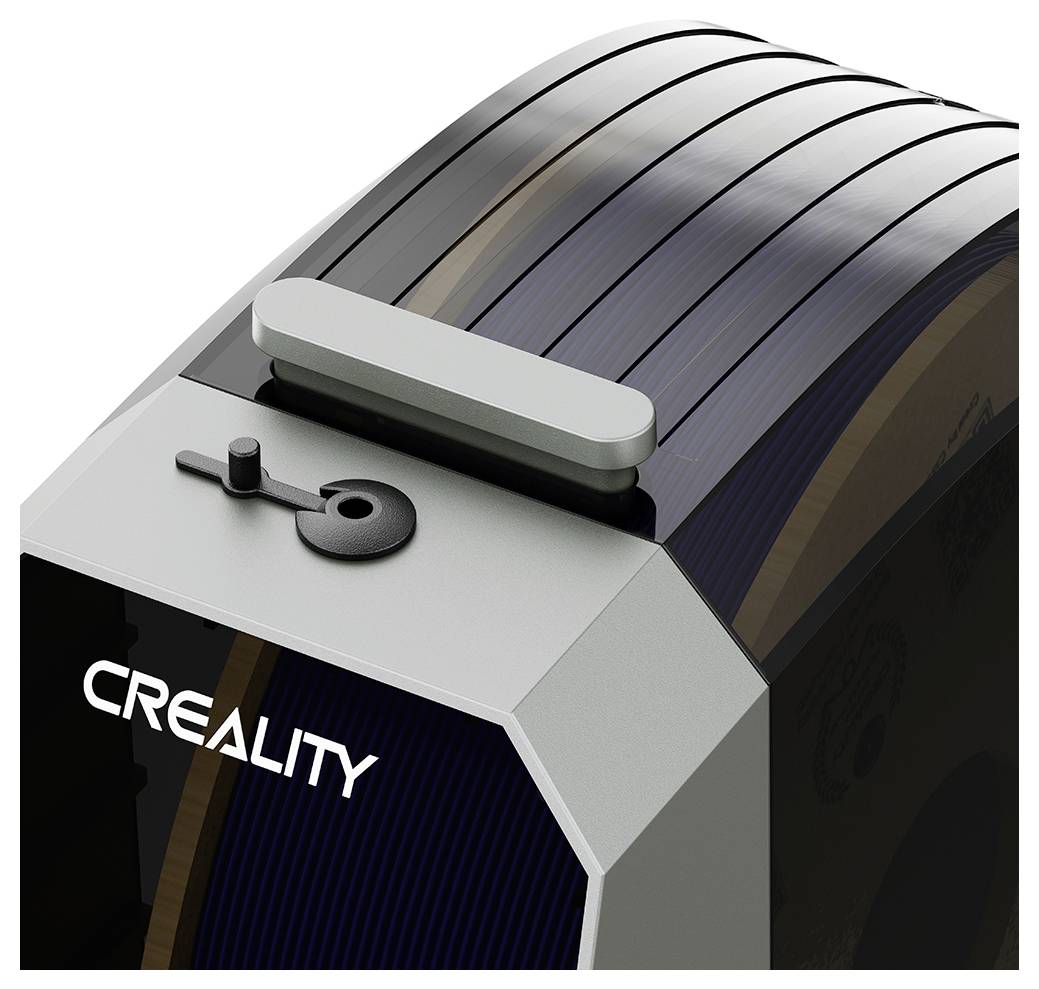 Een 3D-printer met een futuristisch ontwerp, met aan de zijkant het logo 'CREALITY'. Meerdere filamentrollen zijn zichtbaar op de bovenkant.